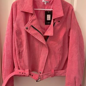 Pink zip belted corduroy jacket